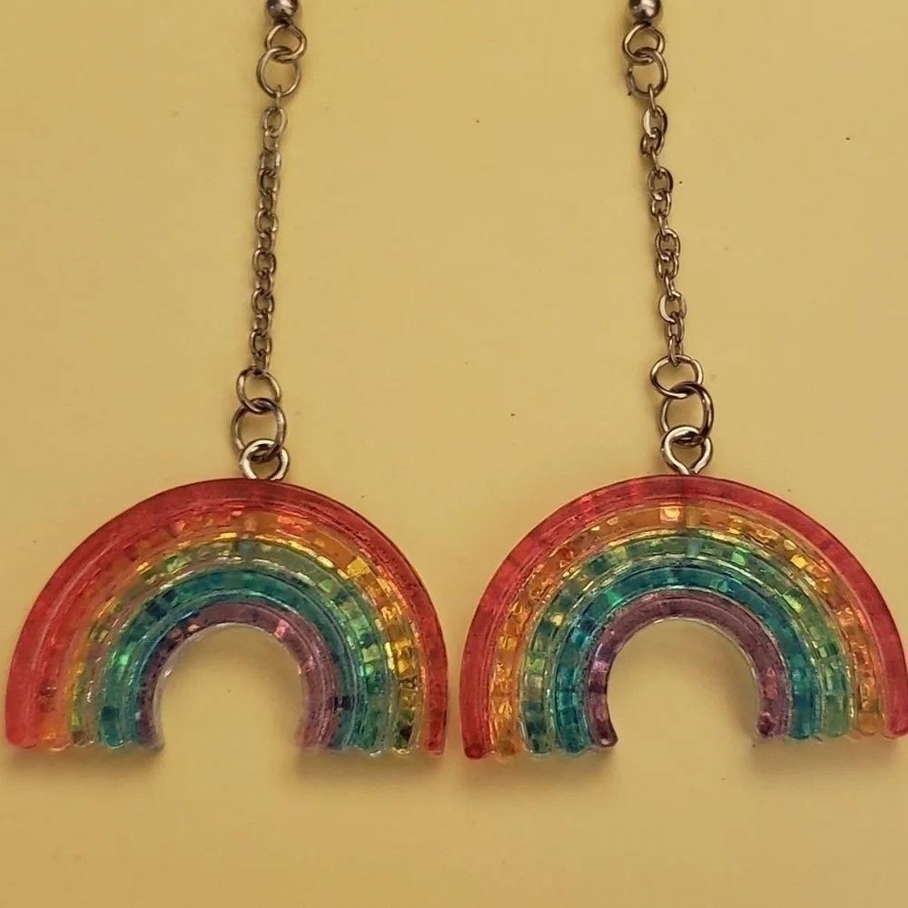 Handmade Rainbow Glitter Dangle Chain Earrings